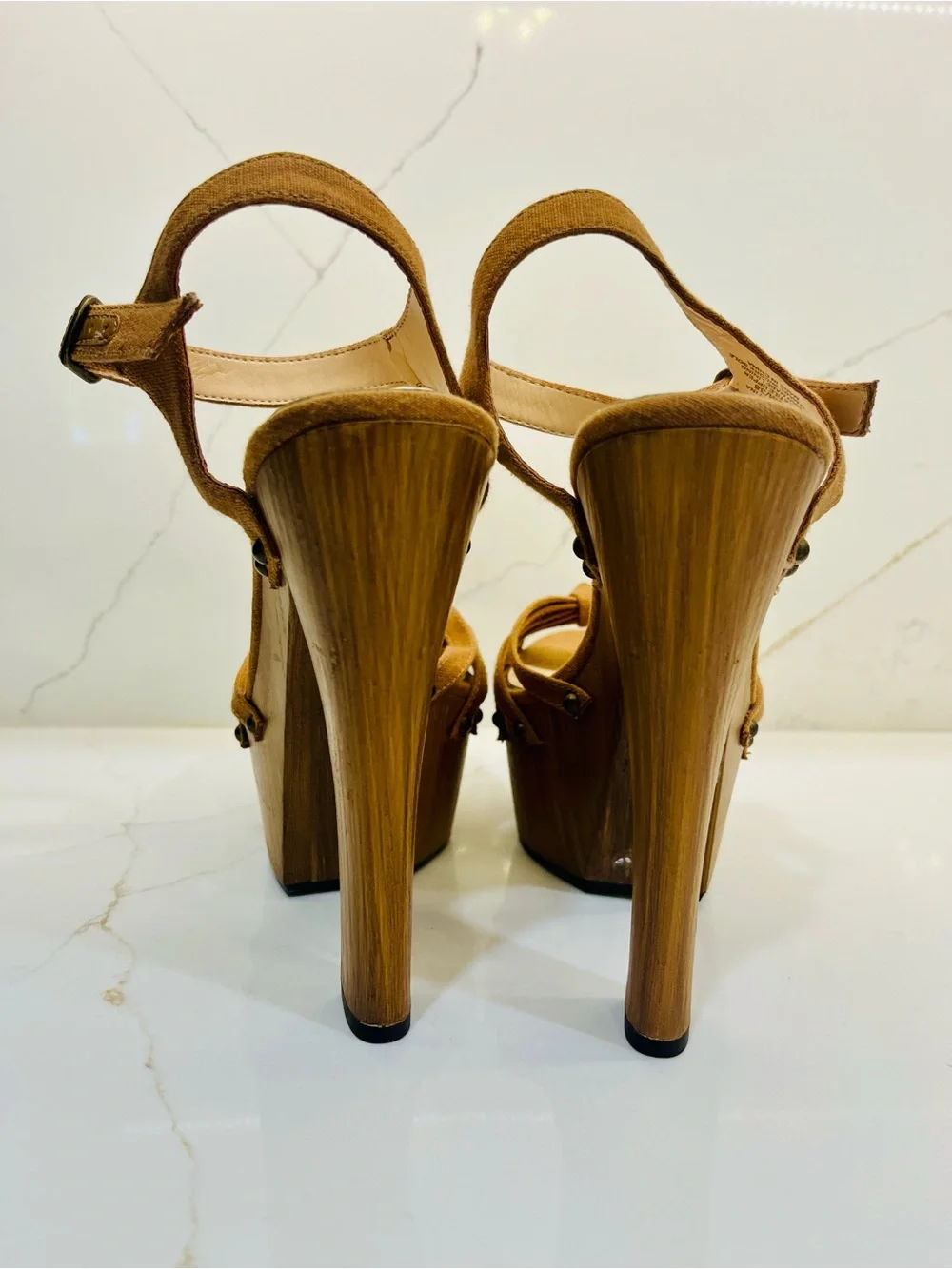 Jessica Simpson Jip-Detina Platform Heels Brown Canvas & Faux Wood Size 8 NWOT